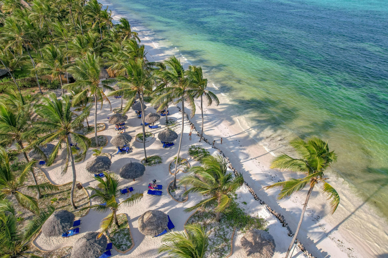 Zanzibar white sand beach with palm trees and turquoise water