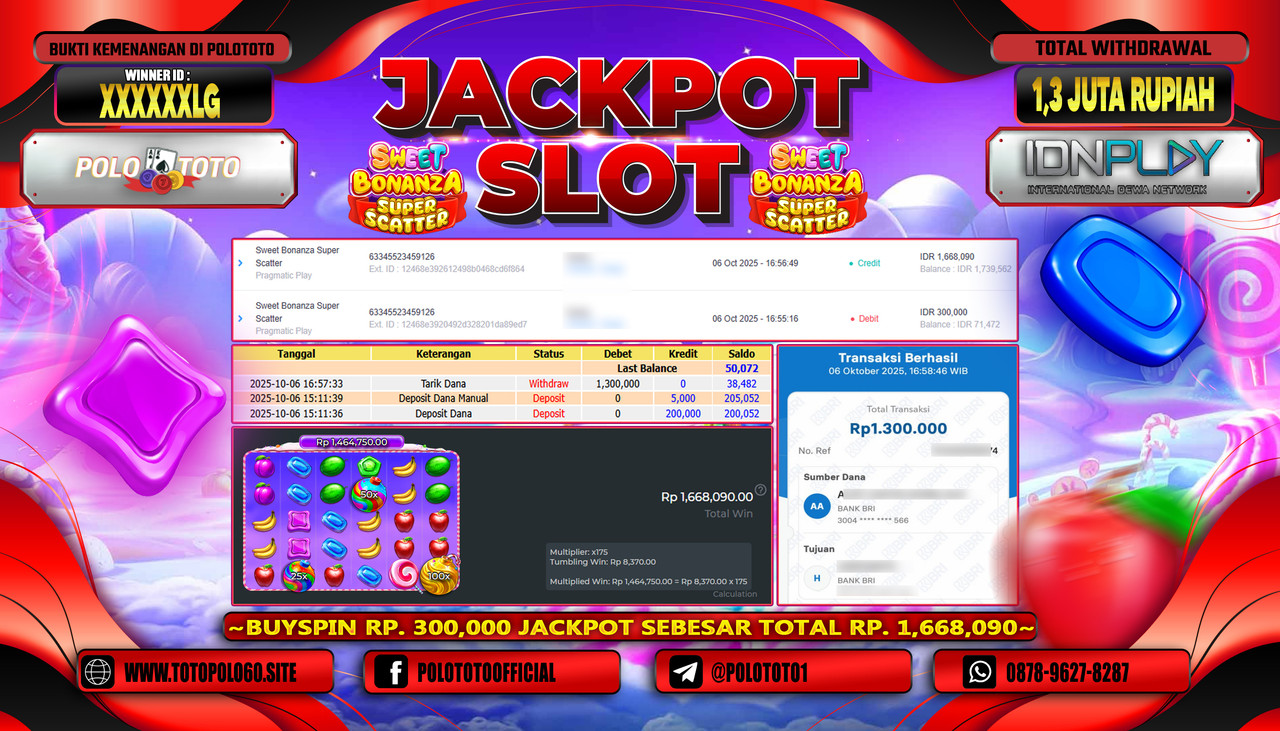 POLOTOTO JACKPOT SLOT SWEET BONANZA SUPER SCATTER Rp.1.300.000,- LUNAS