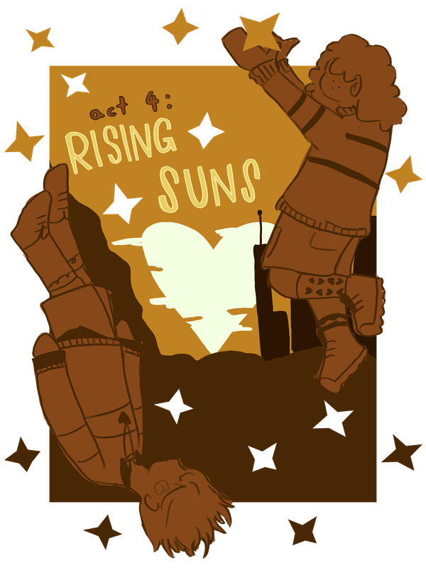 In the same color palette as UNDERTALE's intro story, Frisk and Chara are silhouetted against a brighter background detailing the sunset and landscape seen in the true pacifist ending. Frisk is upright and reaching out to hold a four-pointed star in both hands in one corner, while Chara is upside down in the opposite corner, as though they are falling. Many four-pointed star shapes are cut out of the background and spill across a background the same white as the background of the chapter's text.