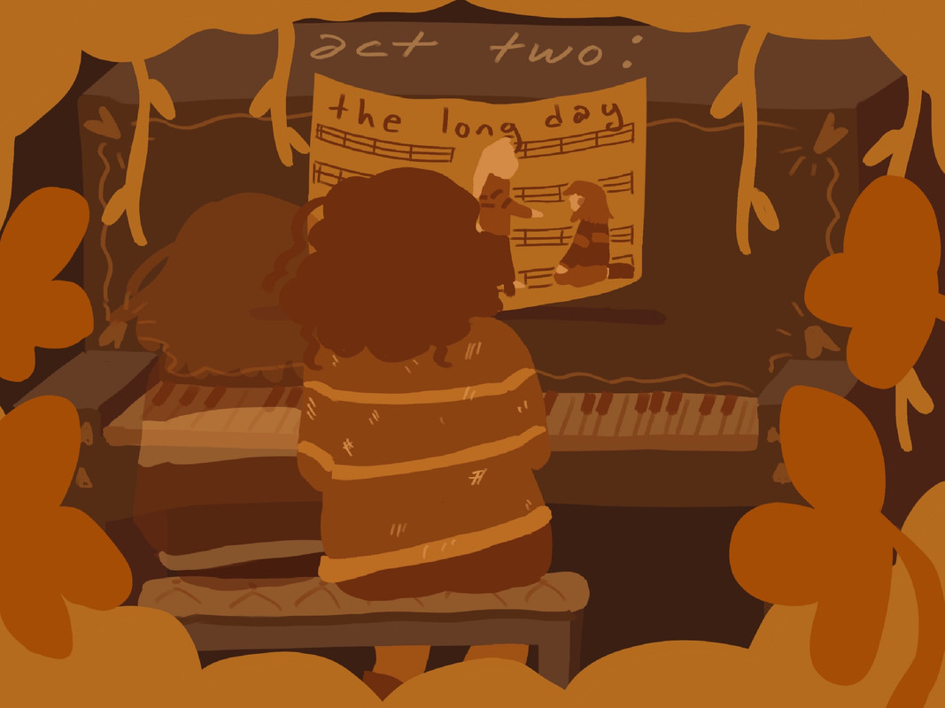 In the same color palette as UNDERTALE's intro story once again, Frisk and a ghostly, translucent Chara sit together on a piano bench. On a piece of sheet music, an image from the story of Chara and Asriel's first meeting where Asriel is offering them his hand to help them up can be seen.