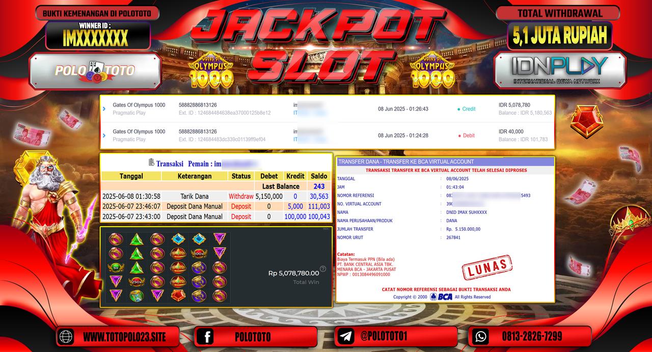 POLOTOTO JACKPOT SLOT GATES OF OLYMPUS 1000 Rp.5.150.000,-