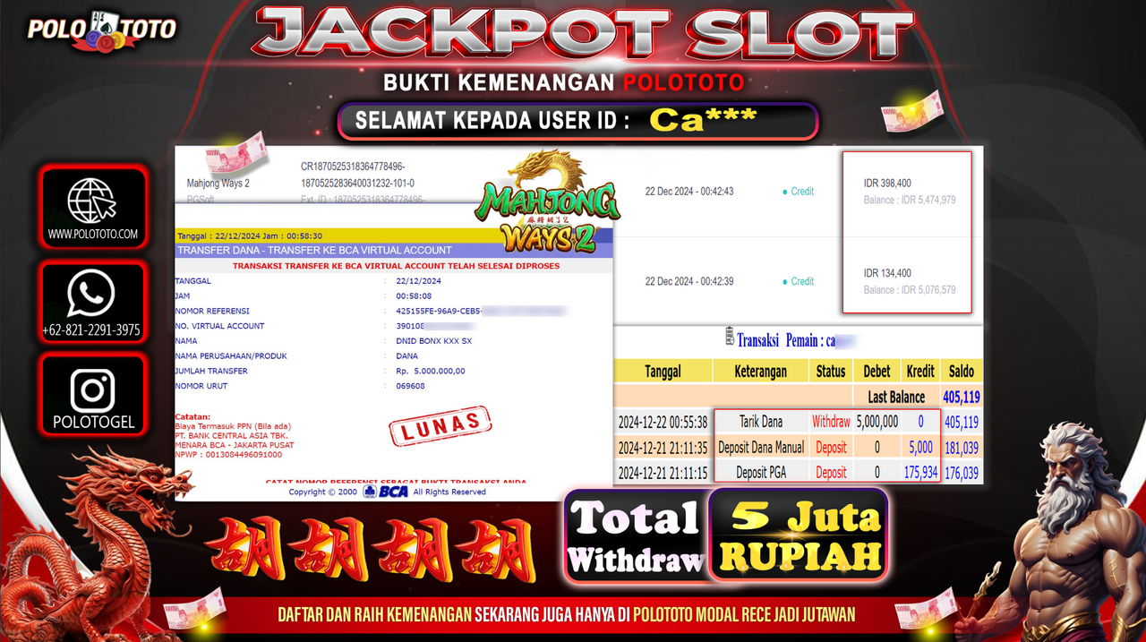 POLOTOTO JACKPOT SLOT MAHJONG WAYS 2 Rp.5,000.000,-