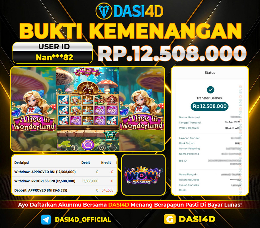 BUKTI KEMENANGAN 13 AGUSTUS 2025 DI ALICE IN WONDERLAND WD 12.508.000
