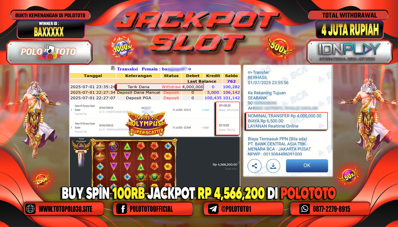 POLOTOTO JACKPOT SLOT GATES OF OLYMPUS SUPER SCATTER Rp.4.000.000,-