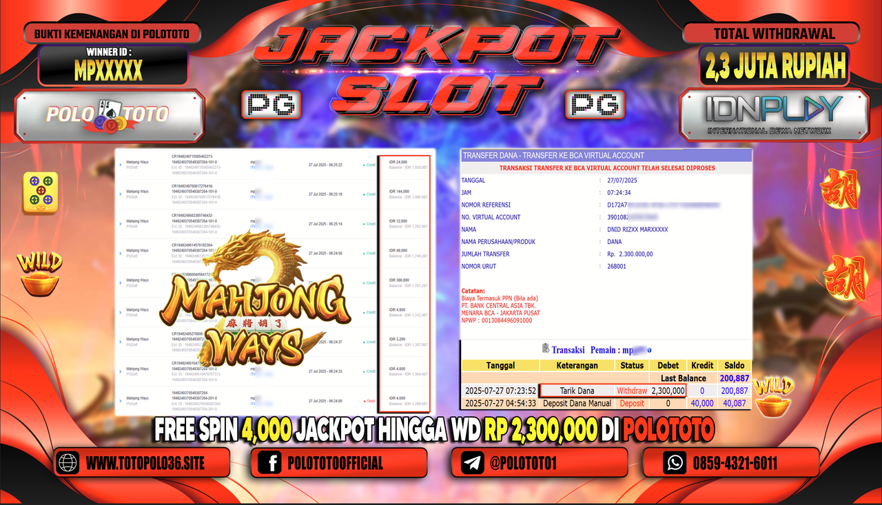 POLOTOTO JACKPOT SLOT MAHJONG WAYS Rp.2.300.000,- LUNAS