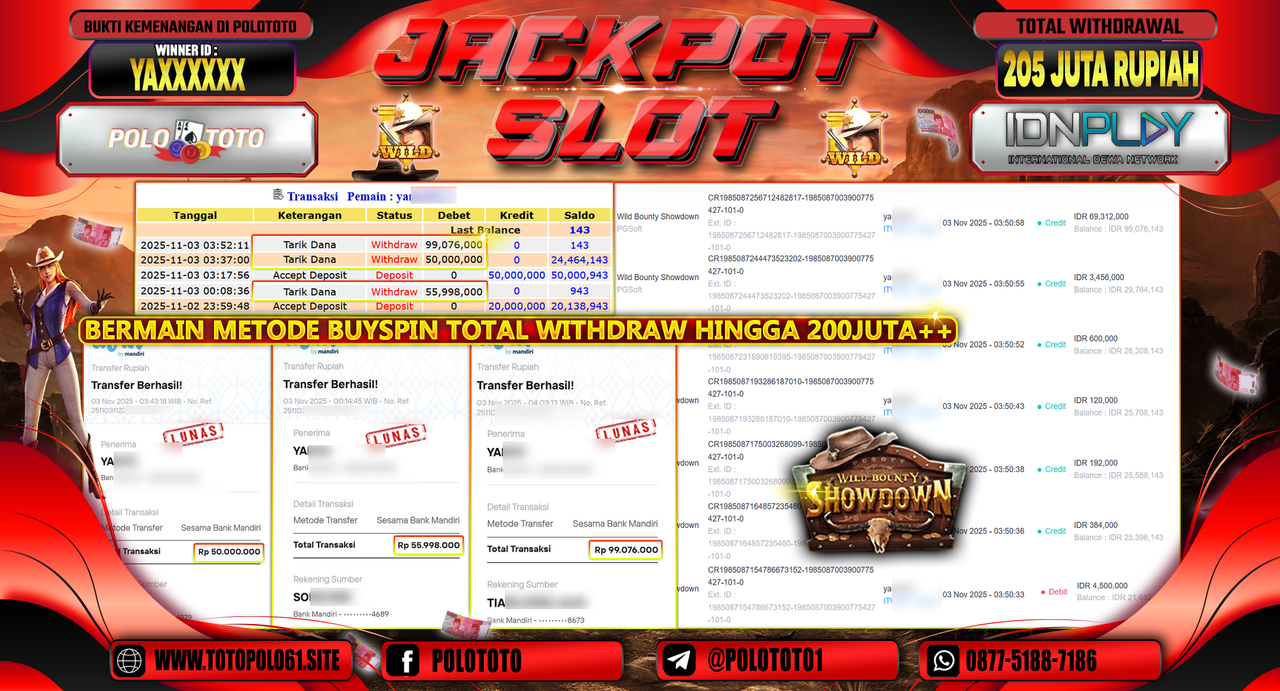POLOTOTO JACKPOT SLOT WILD BOUNTHY SHOWDOWN Rp.205.000.000,- LUNAS