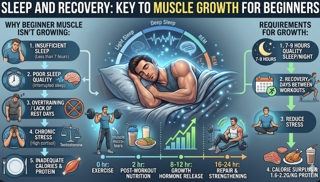 Infographic showing sleep and recovery requirements for muscle growth, with clock icons and rest days, explaining why muscle not growing beginner