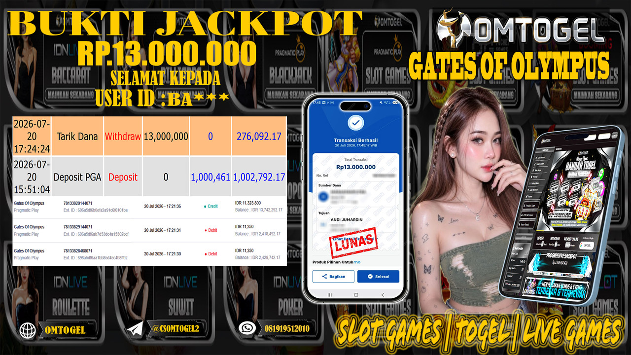 OMTOGEL JACKPOT PRAGMATICPLAY GATES OF OLYMPUS Rp,13,000,000,- DIBAYAR LUNAS