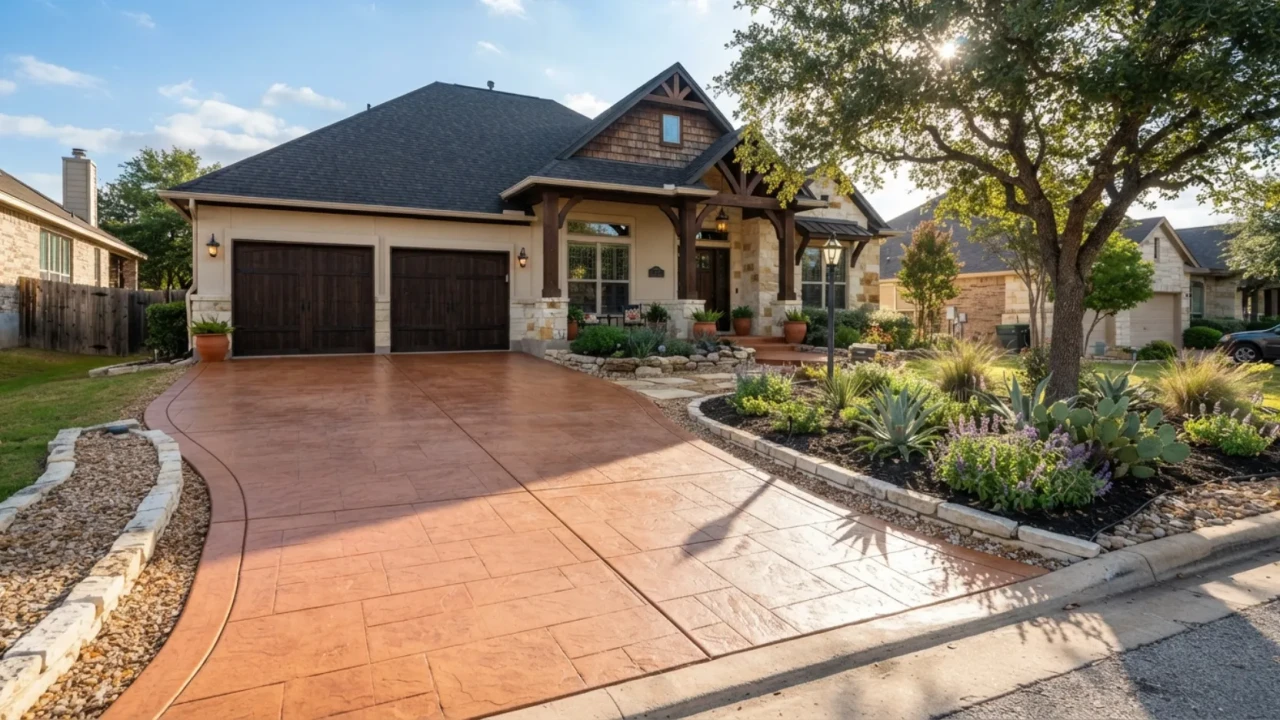 Integral color concrete driveway warm earth tones San Antonio