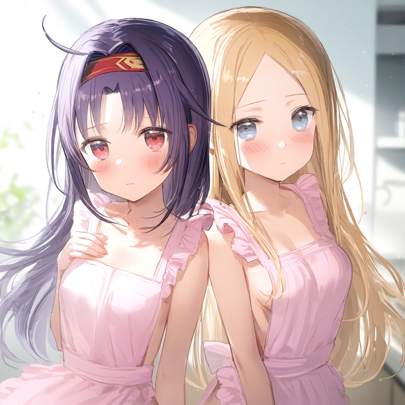 2girl, {{yuuki, sao}}, purple hair, red eyes, naked apron, {{abigail williams, f s-696197748