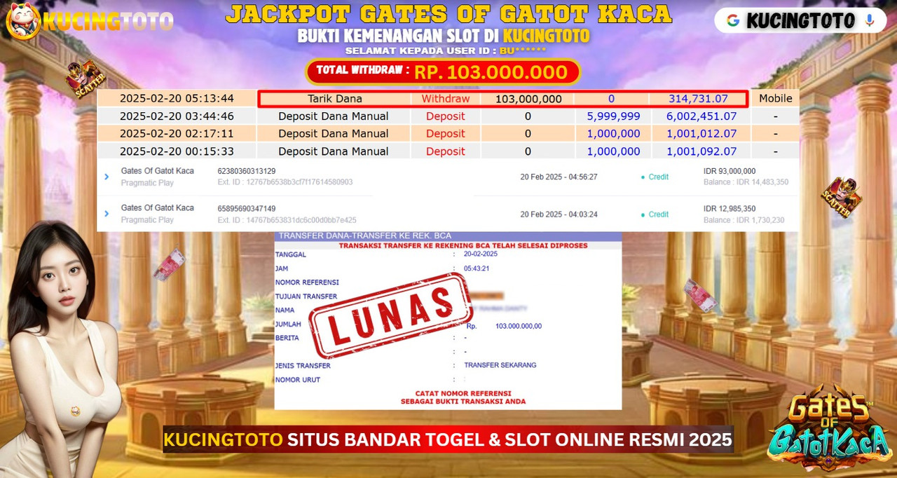 KUCINGTOTO JACKPOT SLOT GATES OF GATOT KACA RP.103.000.000.,- LUNAS