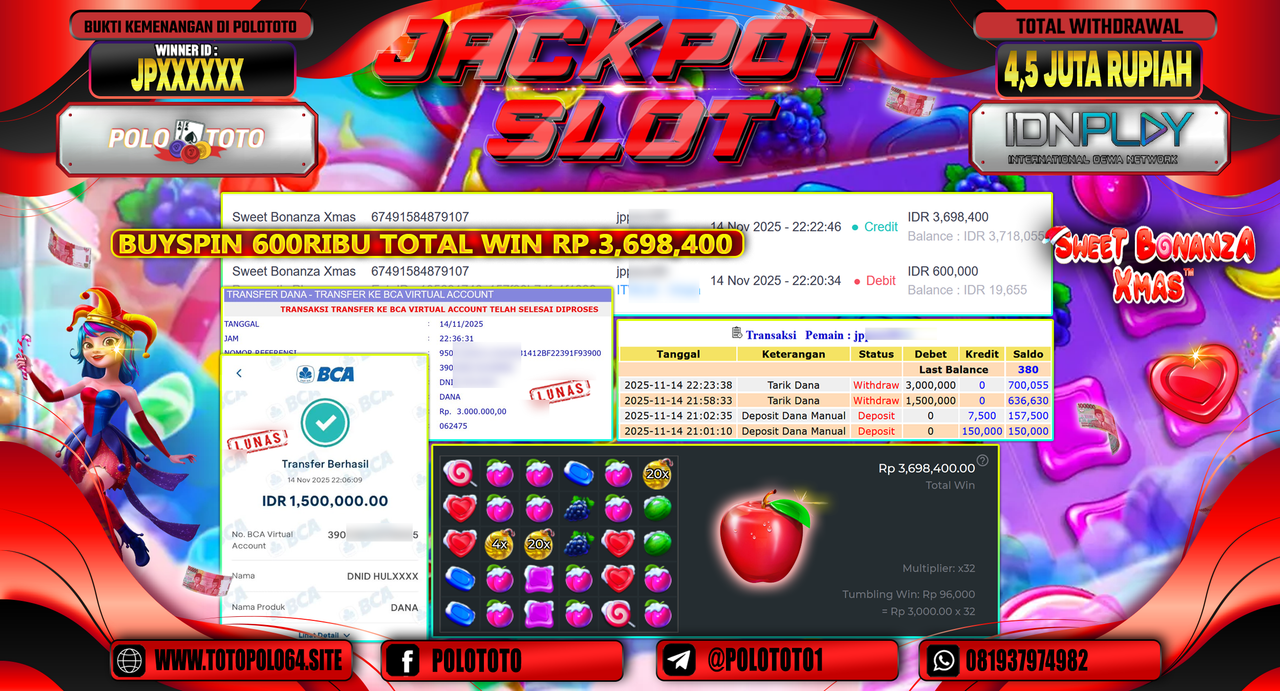 POLOTOTO JACKPOT SLOT SWEET BONANZA XMAS Rp.4.500.000,- LUNAS