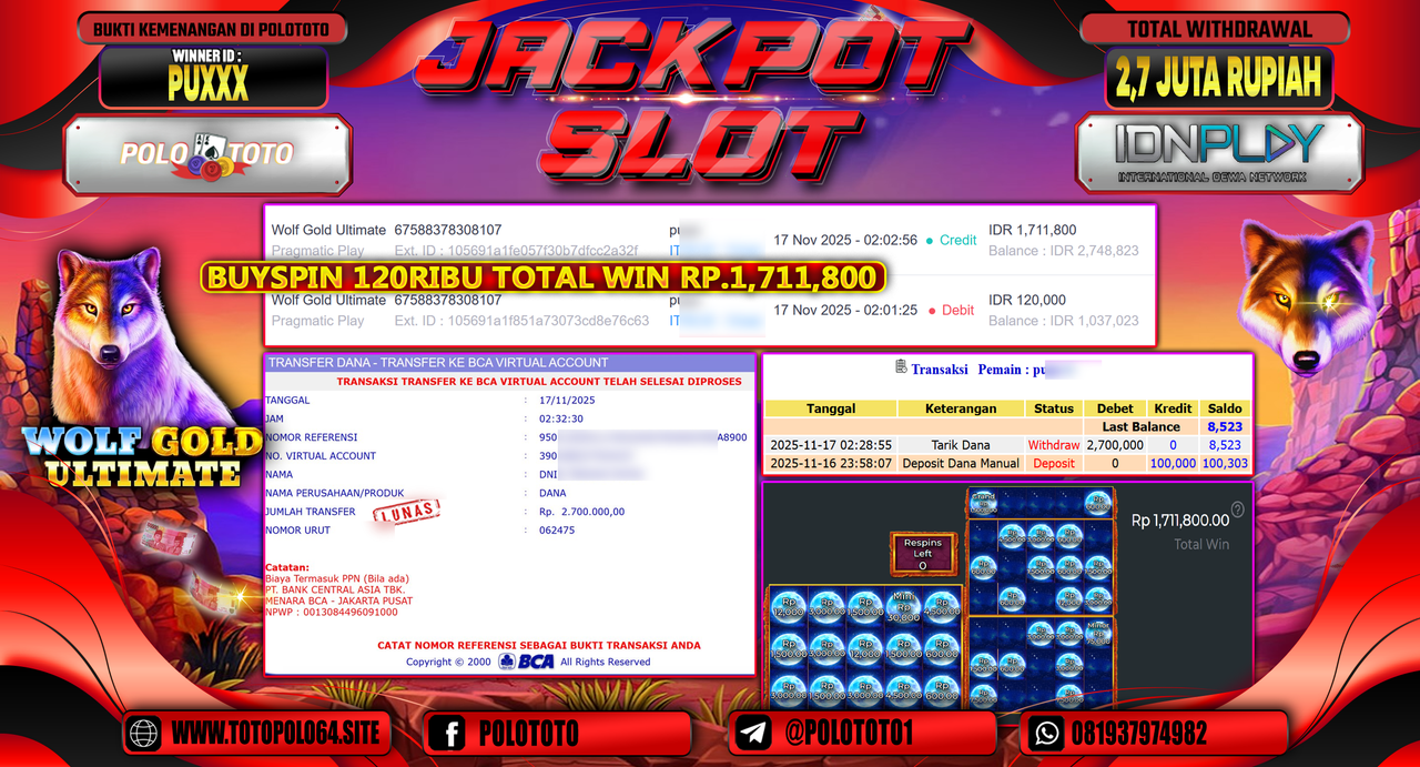 POLOTOTO JACKPOT SLOT WOLF GOLD ULTIMATE Rp.2.700.000,- LUNAS