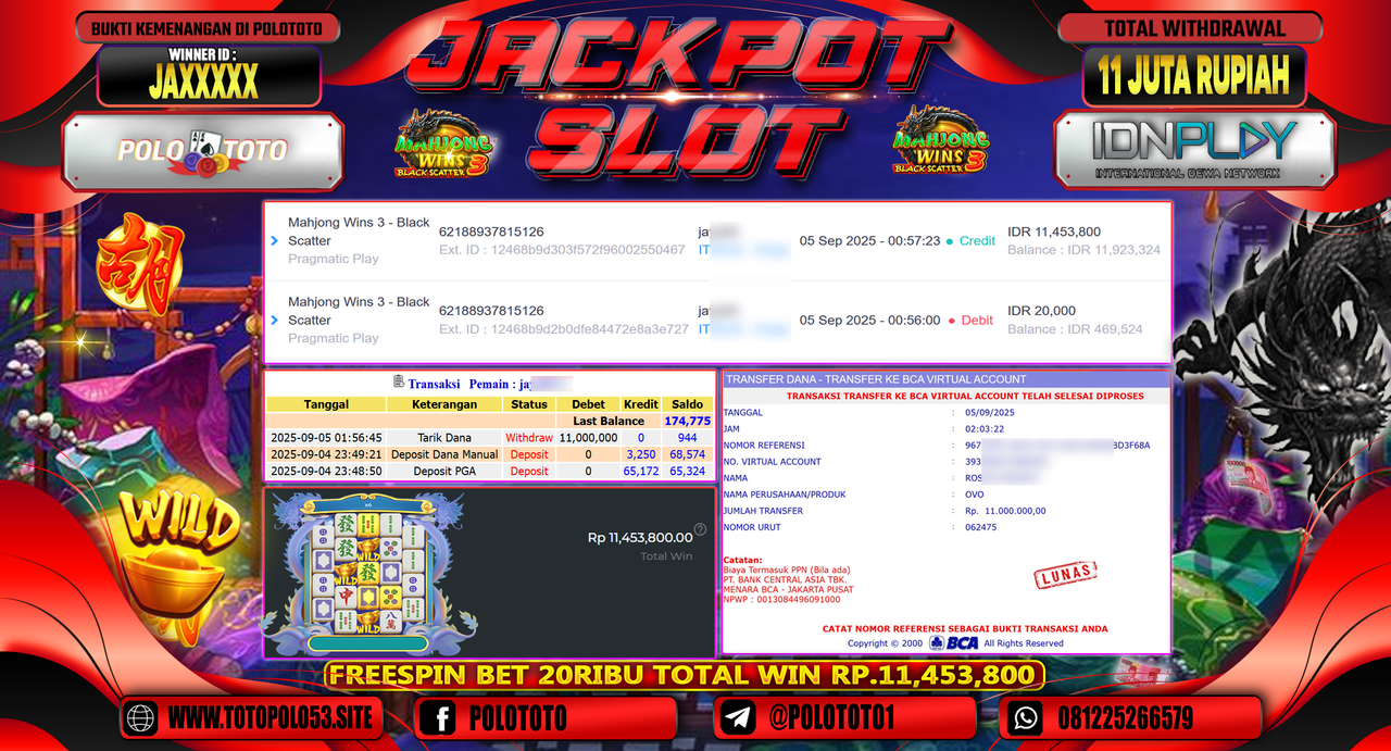POLOTOTO JACKPOT SLOT MAHJONG WINS 3 - BLACK SCATTER Rp.11.000.000,-