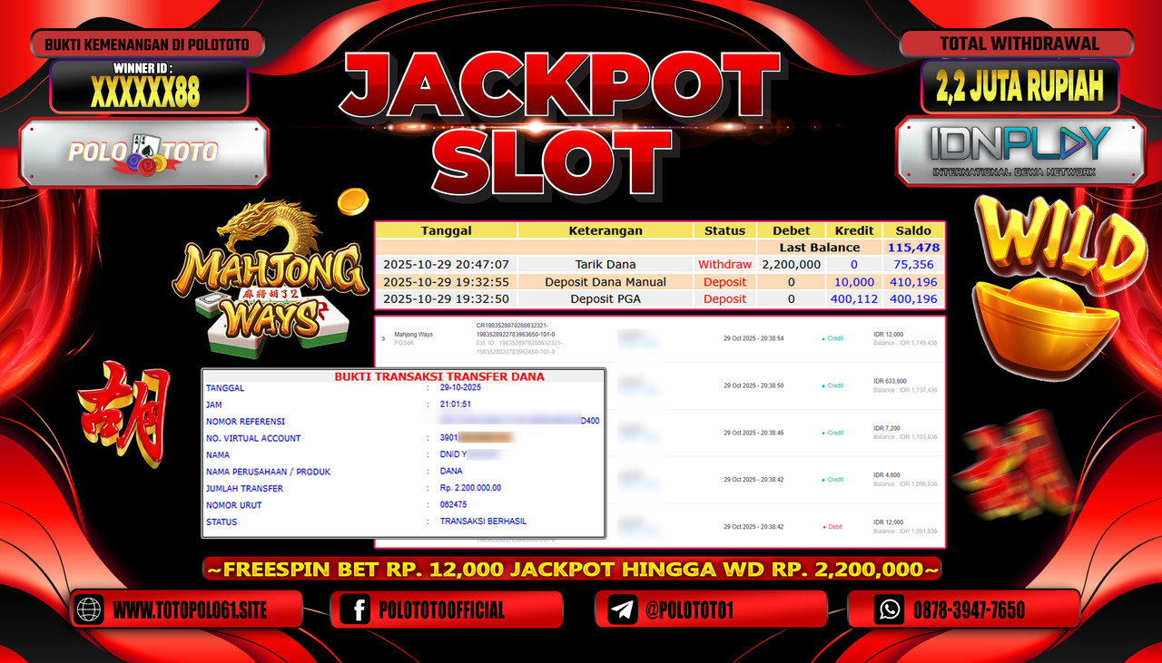 POLOTOTO JACKPOT SLOT MAHJONG WAYS Rp.2.200.000,- LUNAS