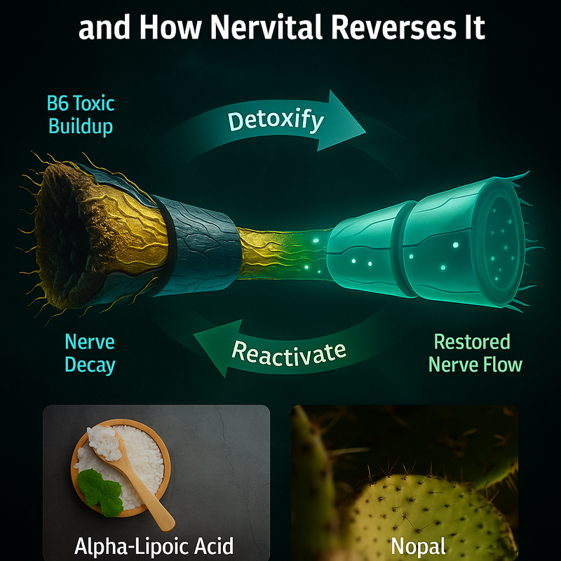 Infographic showing how Nervital detoxifies, reactivates, and regenerates nerve health