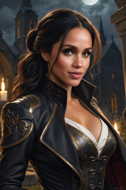 524186164 meghan markle steampunk vampire hunter in a graveyard at night 0004