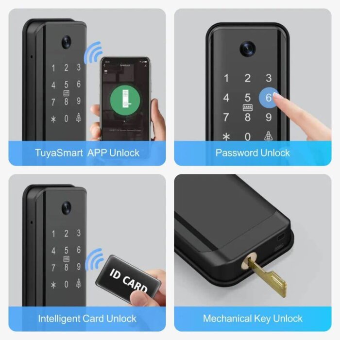 Cerradura inteligente modelo PST-H13-P mostrando su teclado táctil, cámara y sensor de huella.