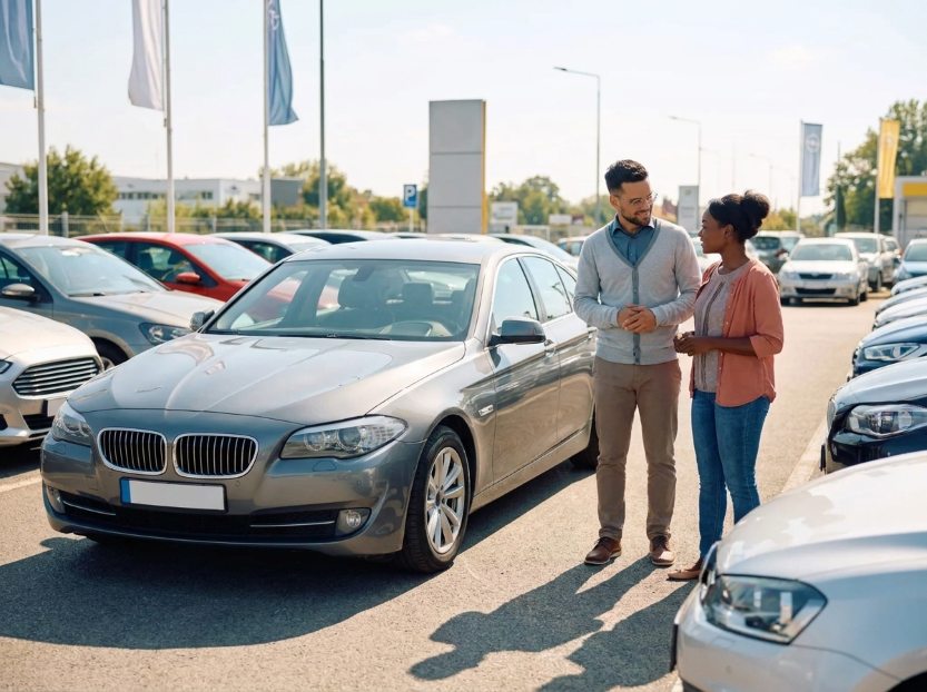 prospective buyer asking a dealer questions before buying a used car as is
