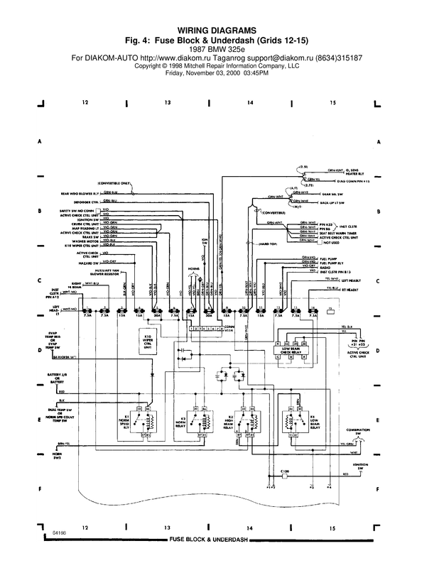 BMW 325e 1987 Wiring Diagrams # 4 - Fuse Block and Underdash  grids 12 -15