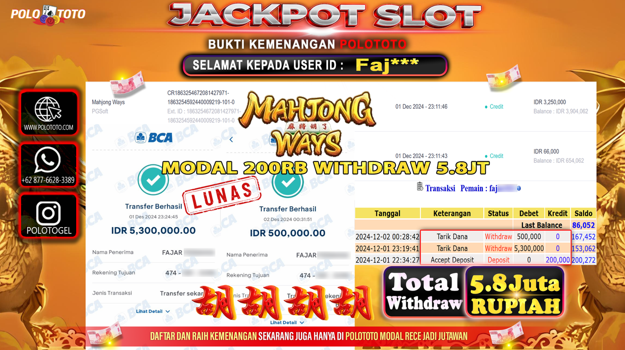 POLOTOTO JACKPOT SLOT MAHJONG WAYS Rp.5,800.000,-
