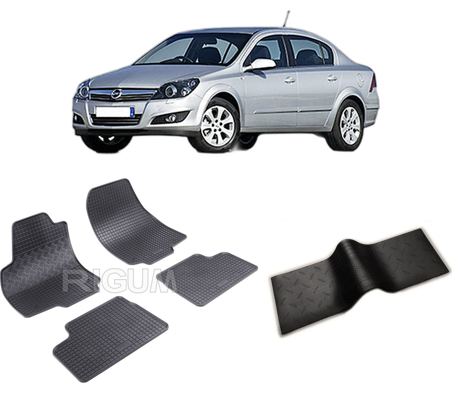 Set covorase auto OPEL ASTRA H din 2004-12.2014, cu covoras tunel median, CAROSERIE SEDAN, Presuri cauciuc 100%, compatibil cu autoturismul OPEL ASTRA H, Rigum