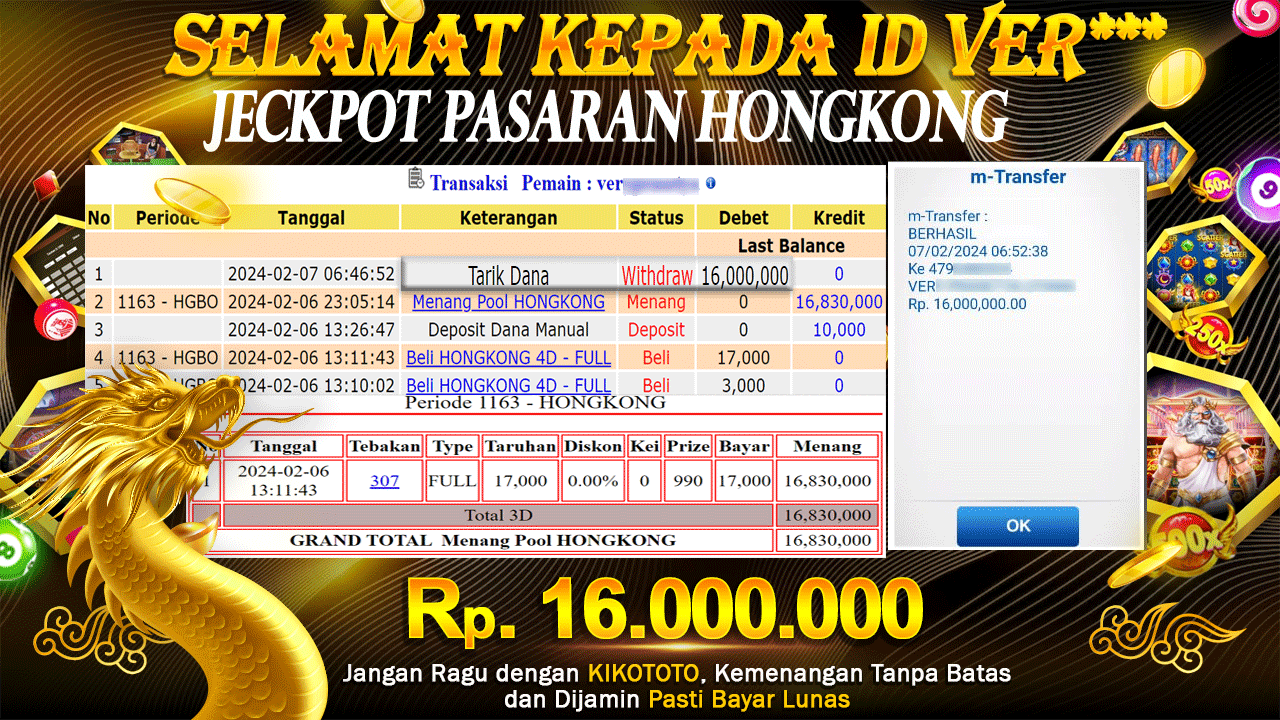 LAGI - LAGI !! JECKPOT DI PASARAN HONGKONG SEBESAR Rp 16,000,000 LANGSUNG DAN TANPA BASA BASI DI BAYAR KIKOTOTO !!!