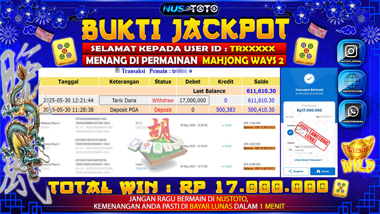 JACKPOT !! MENANG BESAR DI MAHJONG WAYS 2 Rp. 17.000.000 LANGSUNG DI BAYAR LUNAS NUSTOTO !!