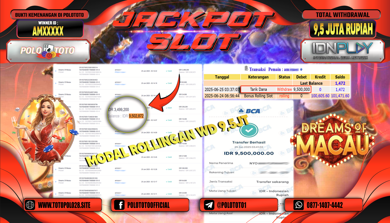 POLOTOTO JACKPOT SLOT DREAMS OF MACAU Rp.9.500.000,-