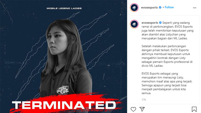 EVOS eSport memutus kontraknya dengan Listy Chan