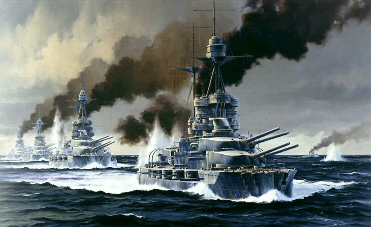El Barham a la cabeza de la 5ª escuadra de batalla durante la Batalla de Jutlandia