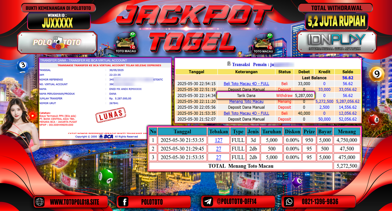 POLOTOTO JACKPOT TOGEL TOTO MACAU Rp.5.287.000,-