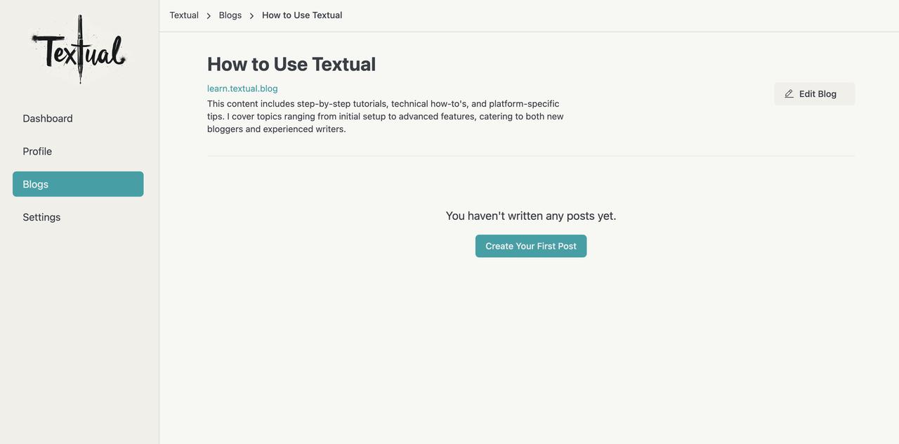 Blog interface showing no posts yet