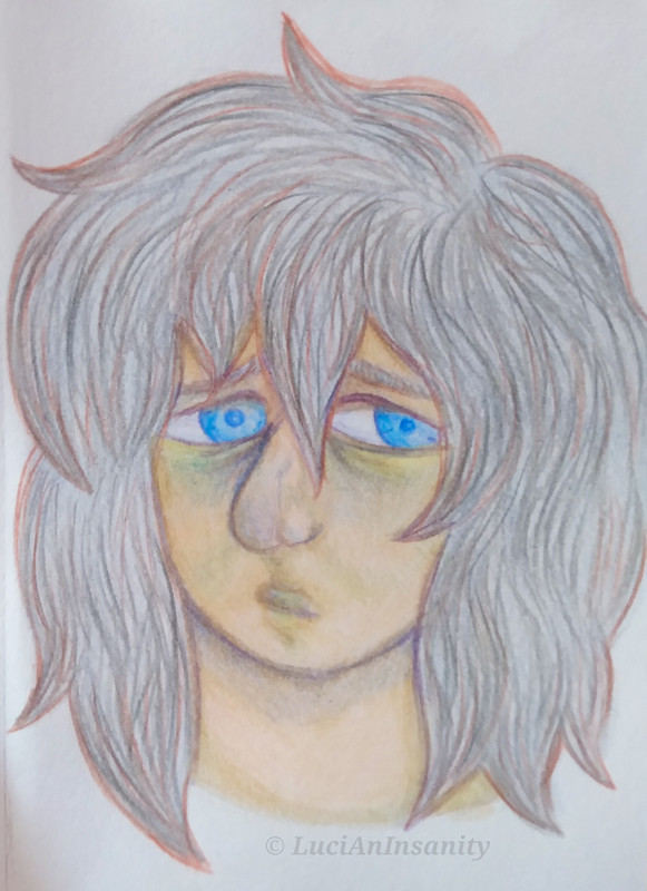an illustration of Angelo Dominguez, he is a pale man with gray hair and blue eyes. He looks tired and sad.