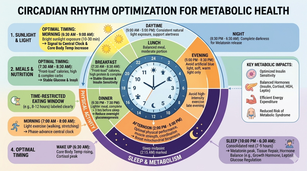 Circadian rhythm chart showing optimal timing for sunlight meals activity and sleep for metabolic health and fat loss