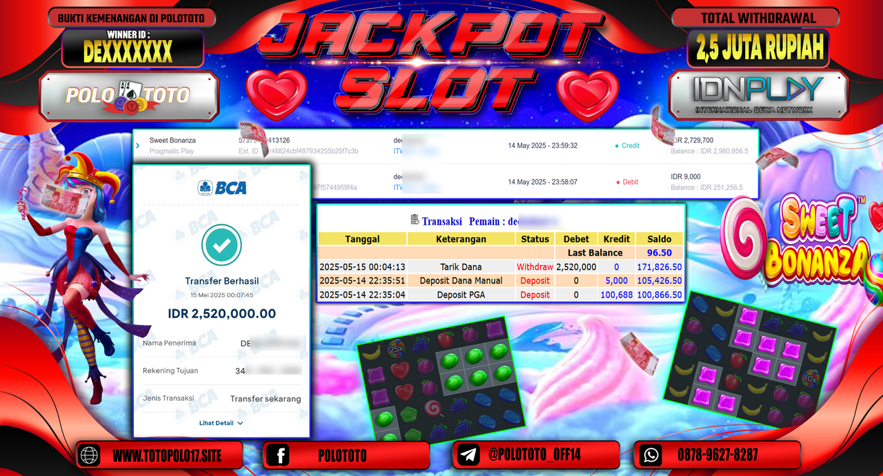 POLOTOTO JACKPOT SLOT SWEET BONANZA Rp.2.520.000,-