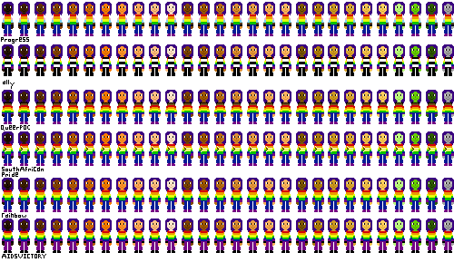 a row of people with pride flag shirts and darker purple hair