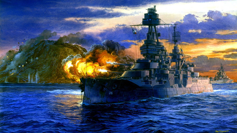 El USS Texas bombardea Iwo Jima como parte de la cortina de fuego previa al desembarco norteamericano. Febrero de 1945