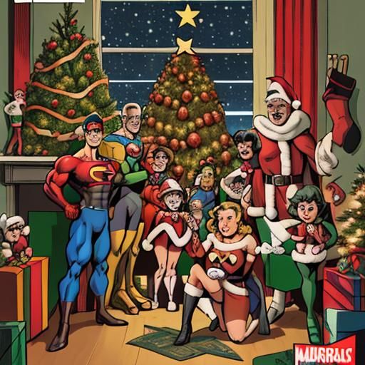 A group of original character superheroes celebrating Christmas