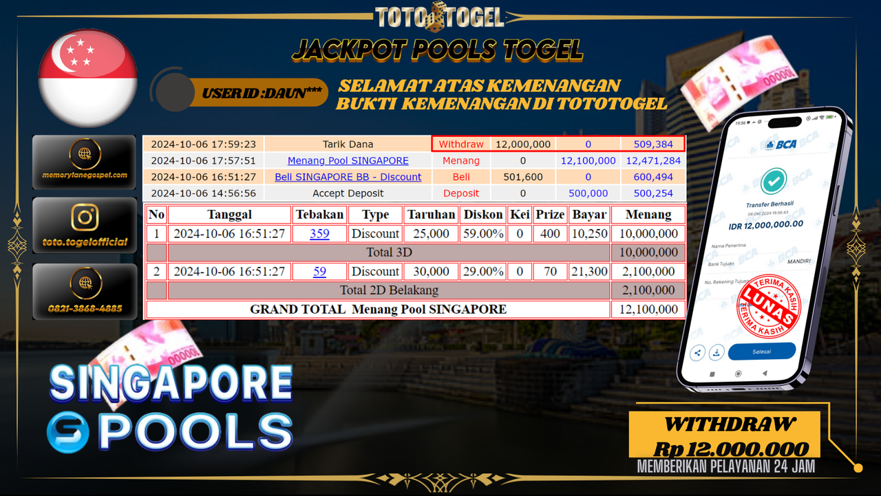 Bukti Kemenangan Permainan Pools Togel Singapore ID : DAUN*** Terbayar Lunas!!