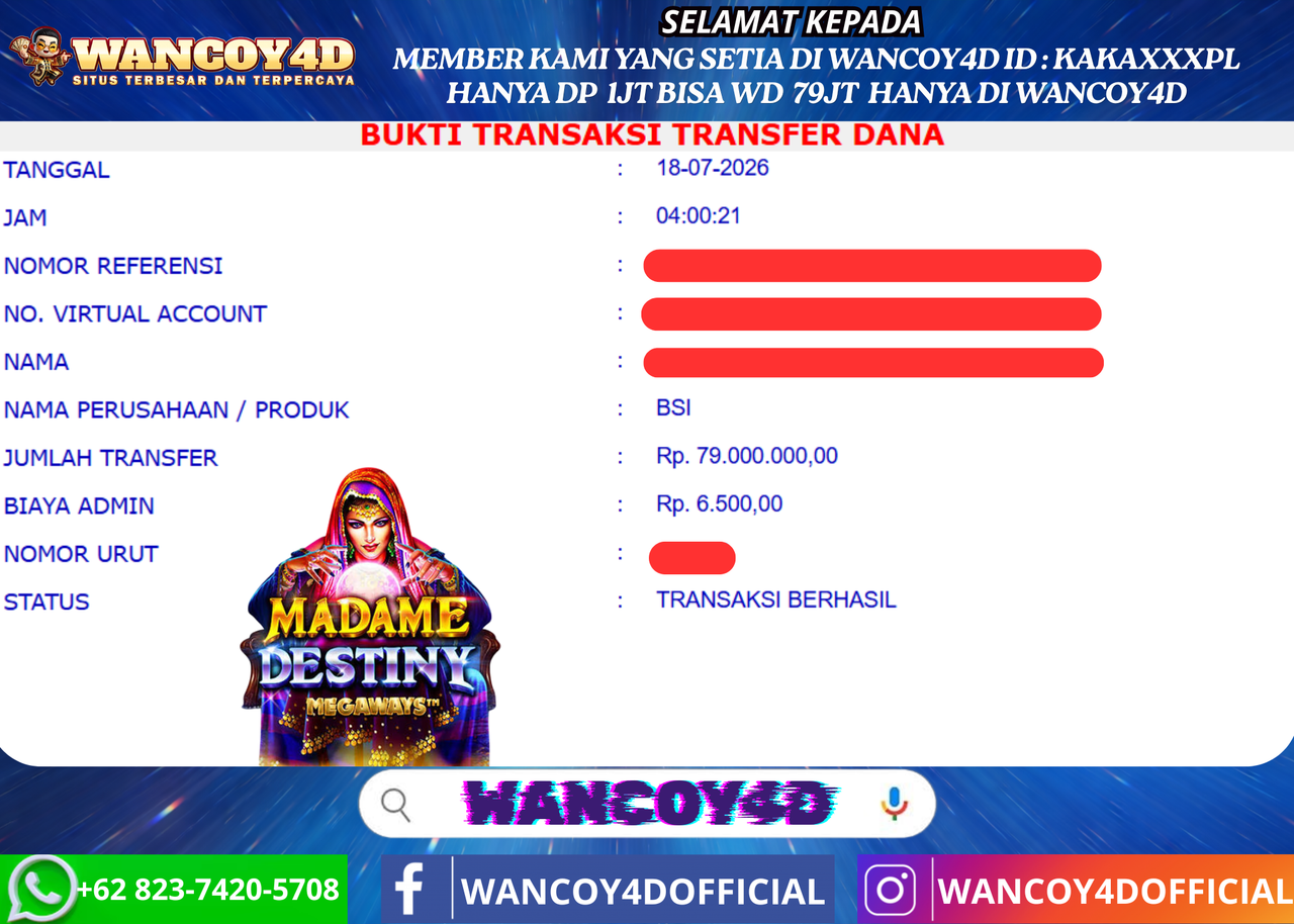 WANCOY4D MADAME DESTINY MEGAWAYS  PRAGMATIC RP.79.000.000 -LUNAS