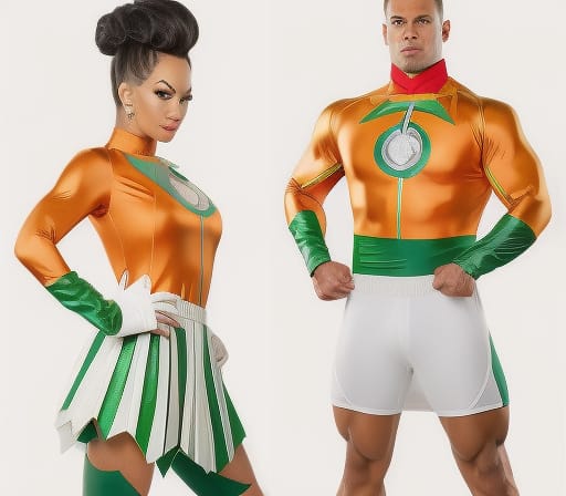 A black superheroine and a blonde superhero, in heroic poses, wearing similar orange costumes with white skirt/shorts trimmed in green