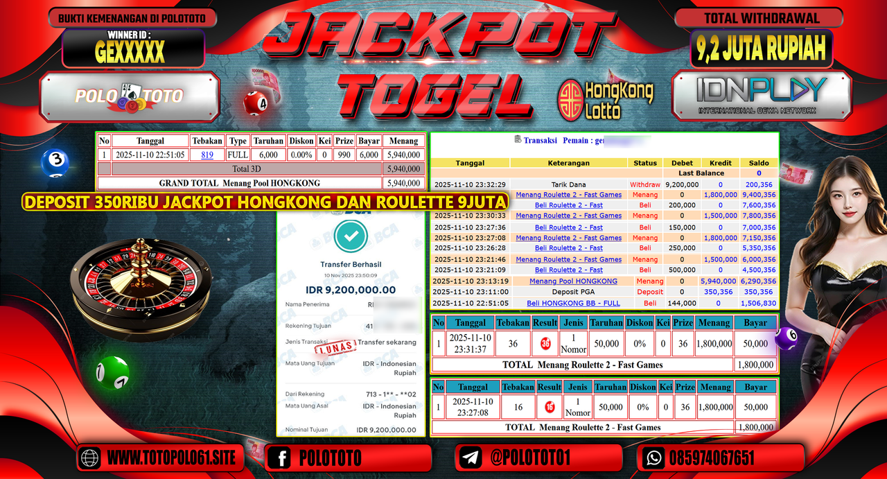 POLOTOTO JACKPOT TOGEL MENANG HONGKONG LOTTO DAN JACKPOT MENANG ROULETTE 2 - FAST GAMES Rp.9.200.000,- LUNAS