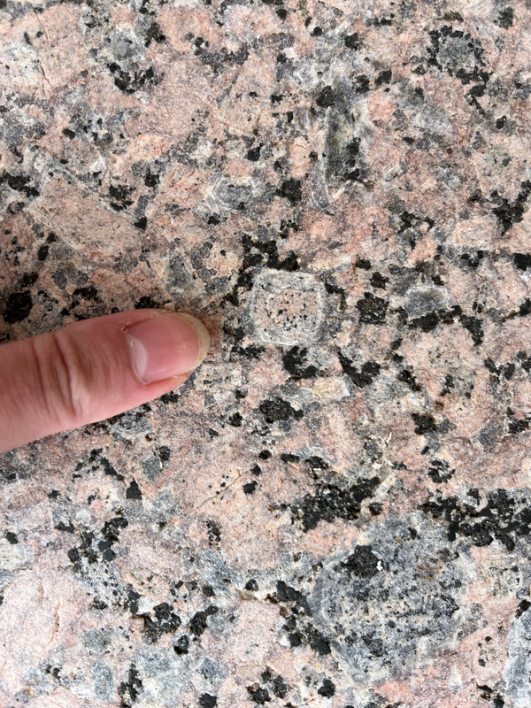 rapakivi: alkali feldspar (pink) rimmed by plagioclase feldspar (grey). this example is about 2 cm in diameter
