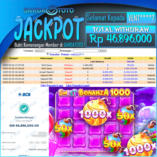 JACKPOT SLOT MAIN DI SLOT SWEET BONANZA 1000 WD Rp 46.896.000,- DIBAYAR LUNAS GARDATOTO MANTAP !