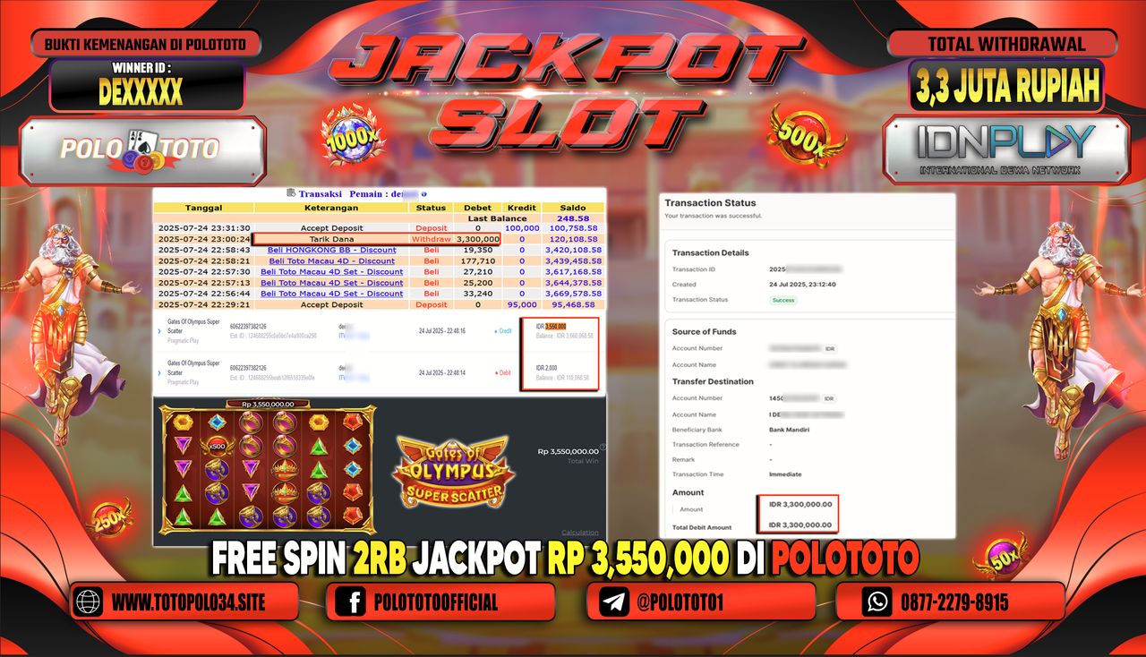 POLOTOTO JACKPOT SLOT GATES OF OLYMPUS SUPER SCATTER Rp.3.300.000,-