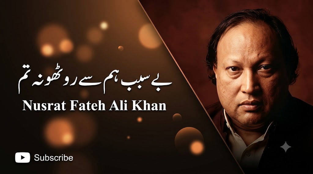 AI-generated example result for the youtube-thumbnail prompt: Nusrat Fateh Ali Khan Thumbnail – Diagonal Split Urdu Poetry Design AI YouTube Thumbnail Prompt