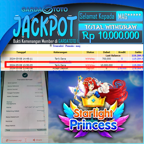 JACKPOT SLOT MAIN DI SLOT STARLIGHT PRINCESS WD Rp 10.000.000,- DIBAYAR LUNAS GARDATOTO MANTAP !