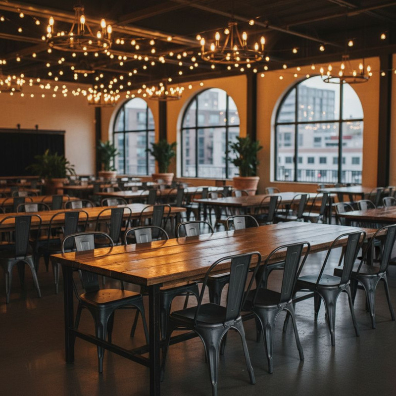 Различная мебель для мероприятий в интерьере: сочетание деревянных столов и металлических стульев в стиле лофт.