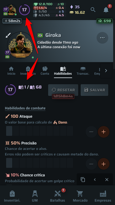 Tela de nível e XP